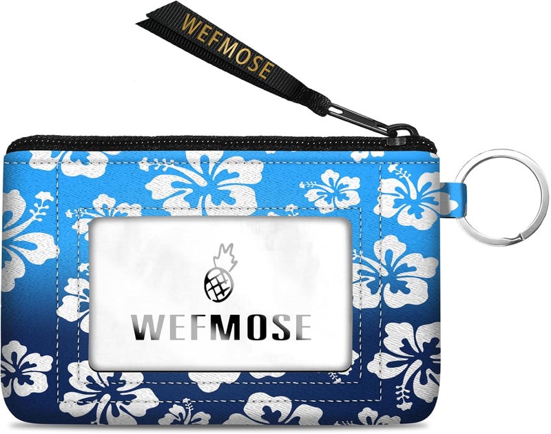 WEFMOSE Small Wallet Keychain with Clear ID Window Zipper Cute ID Case Coin Purse for Women Water Resistant Coin Pouch-Hawaiian Floral-Blue Keychain Wallet - Image 1